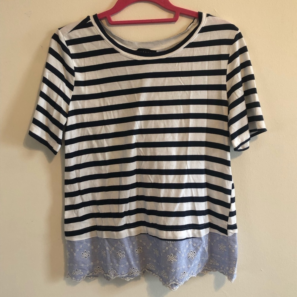 Santuary t shirt size M mixed fabrics stripe floral ties short sleeve summer